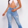 Jade Blue Distressed High Waist Flare Jeans