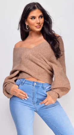 Karina Latte Beige Off Shoulder Crossed Ribbed Sweater