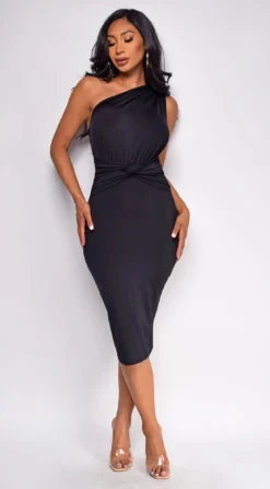 Nat Black One Shoulder Front Knot Midi Dress