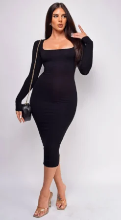Jett Black Basic Square Neck Long Sleeve Midi Dress