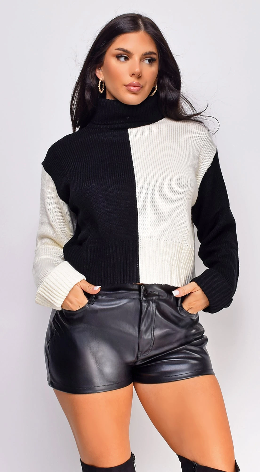 Kaia Black White Color Block Turtle Neck Sweater Top 1 Kaia Black White Color Block Turtle Neck Sweater Top