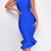 Luna Blue Asymmetric Ruffle Bottom Bandage Dress