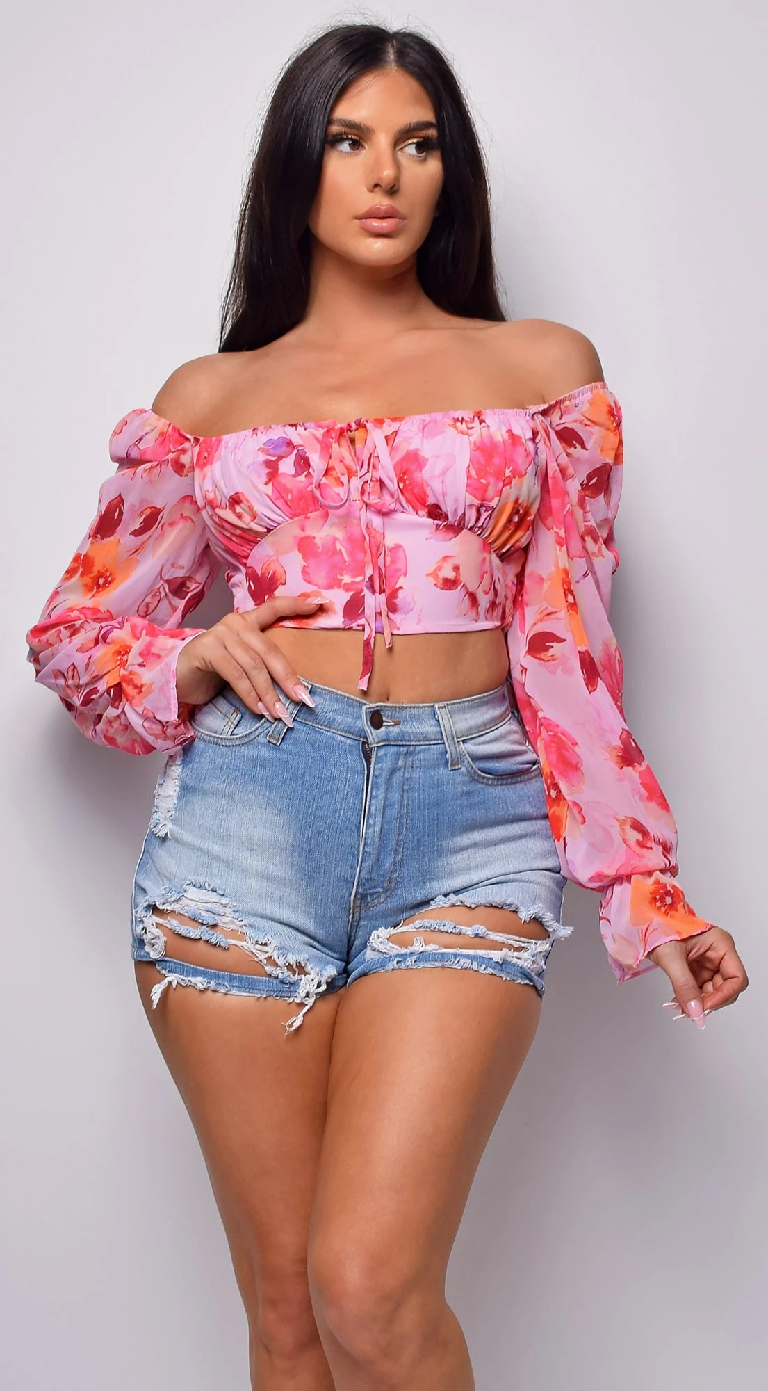 Aless Pink Off Shoulder Chiffon Floral Print Top 2 Aless Pink Off Shoulder Chiffon Floral Print Top - Image 2