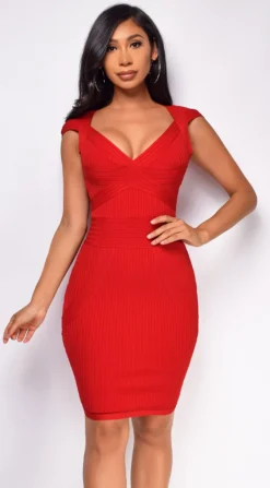 Victoria Red Ribbed Bandage Mini Dress