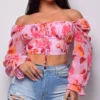 Aless Pink Off Shoulder Chiffon Floral Print Top
