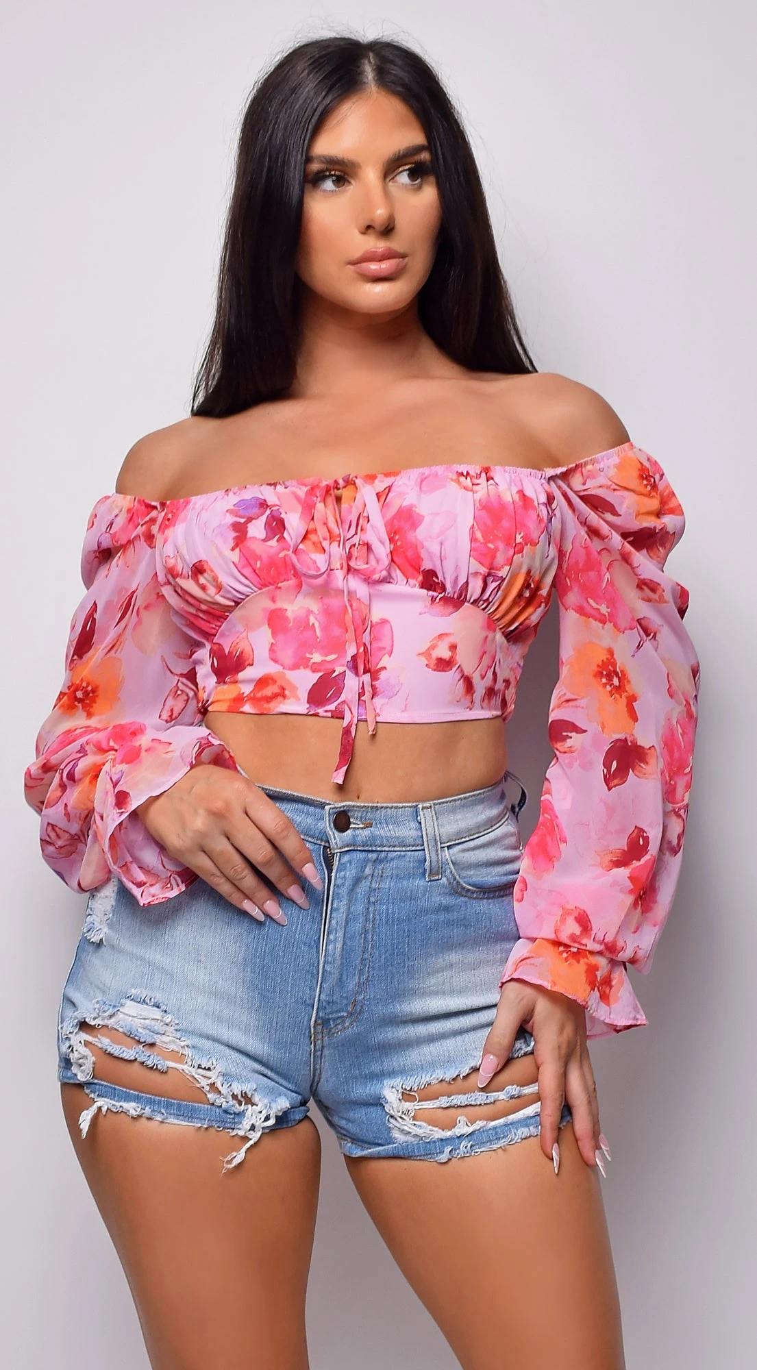 Aless Pink Off Shoulder Chiffon Floral Print Top 1 Aless Pink Off Shoulder Chiffon Floral Print Top