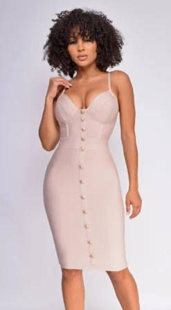 Nelinha Nude Gold Button Bandage Dress