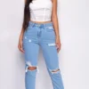 Out Of Sight Light Blue High Waist Straight Leg Knee Distressed Jeans Denim