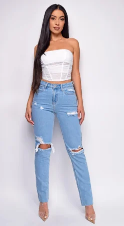 Out Of Sight Light Blue High Waist Straight Leg Knee Distressed Jeans Denim