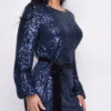 Crystal Navy Blue Sequin Velour Belt Long Sleeve Dress