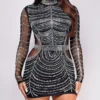 Nevya Black Rhinestone Mock Neck Mini Dress