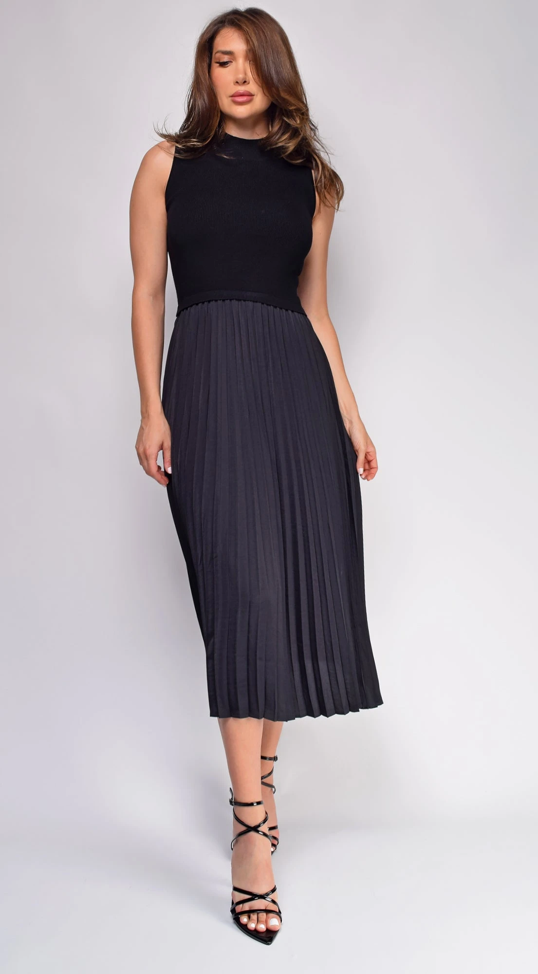 Ashlen Black Pleated Contrast High Neck Midi Dress 1 Ashlen Black Pleated Contrast High Neck Midi Dress