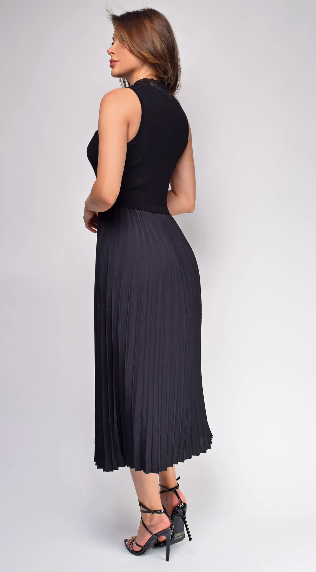 Ashlen Black Pleated Contrast High Neck Midi Dress 3 Ashlen Black Pleated Contrast High Neck Midi Dress - Image 3