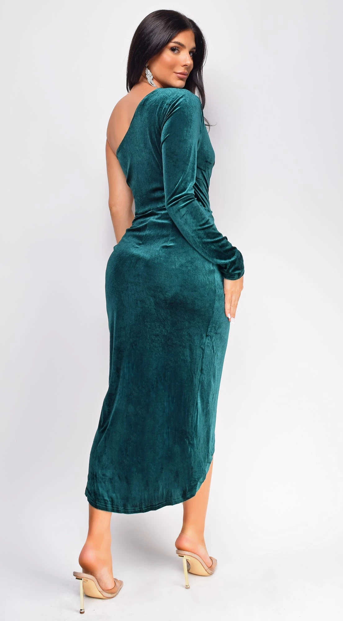 Miranda Green One Shoulder Velvet Midi Dress 3 Miranda Green One Shoulder Velvet Midi Dress - Image 3