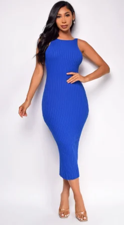 Lyra Royal Blue Ribbed Open Back Midi Dress