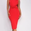 Nat Red One Shoulder Front Knot Midi Dress