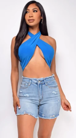 Ivana Blue Wrap Halter Neck Crop Top
