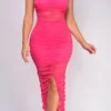 Jude Hot Pink Ruched Mesh Midi Dress