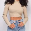 Amani Beige Ribbed High Neck Crop Sweater Top