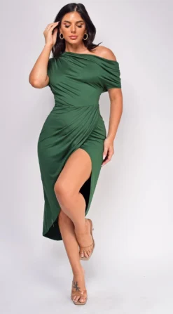 Marilla Hunter Green Off Shoulder Midi Dress