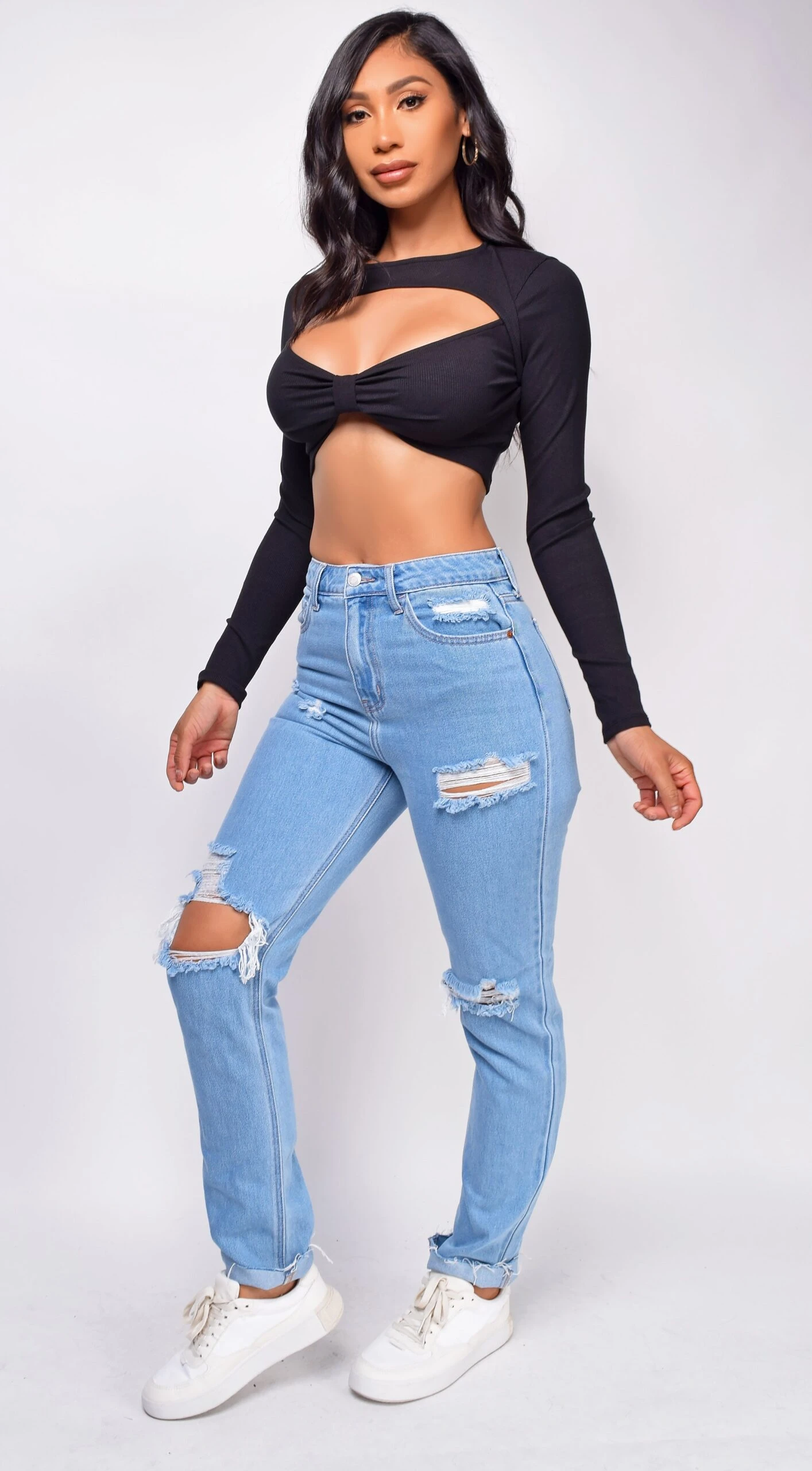 Ashlyn Black Cut Out Long Sleeve Crop Top 1 Ashlyn Black Cut Out Long Sleeve Crop Top