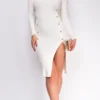 Sophina Off White Long Sleeve Ribbed Side Slit Midi Dress