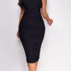 Valery Black Mesh Ruched Midi Dress
