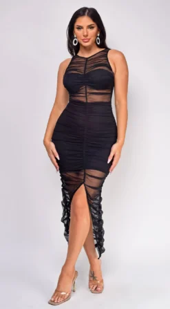 Jude Black Ruched Mesh Midi Dress