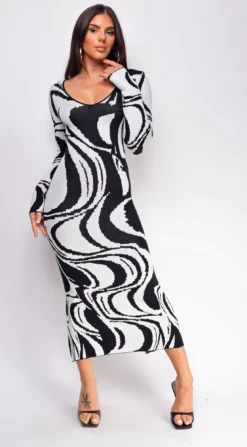 Maeva Black White Swirl Sweater Midi Dress