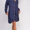 Vienna Navy Blue Lone Sleeve Button Down Linen Shirt Dress