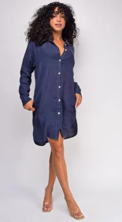 Vienna Navy Blue Lone Sleeve Button Down Linen Shirt Dress