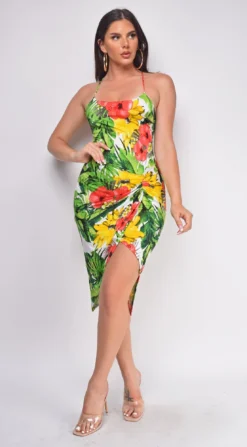 Lucerne Green Yellow Multi Color Floral Print Midi Dress