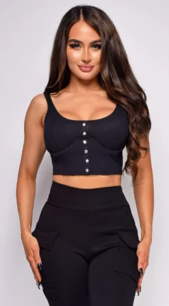 Marseille Black Button Knitted Crop Top