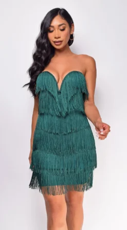 Lorien Green Layered Fringe Mini Dress