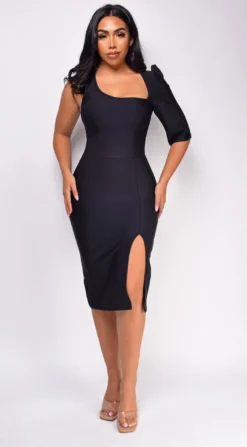 Delilah Black One Sleeve Bandage Midi Dress