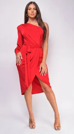 Velora Red One Shoulder Midi Dress