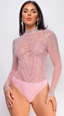 Elodie Mauve Pink Mesh Rhinestone Bodysuit