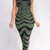 Zemira Green Black Metallic Print Midi Dress