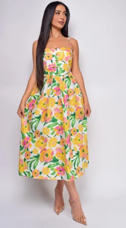 Delos Yellow Floral Tie Back Waist Midi Dress