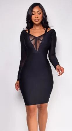 Nicoleta Black Long Sleeve Bandage Midi Dress