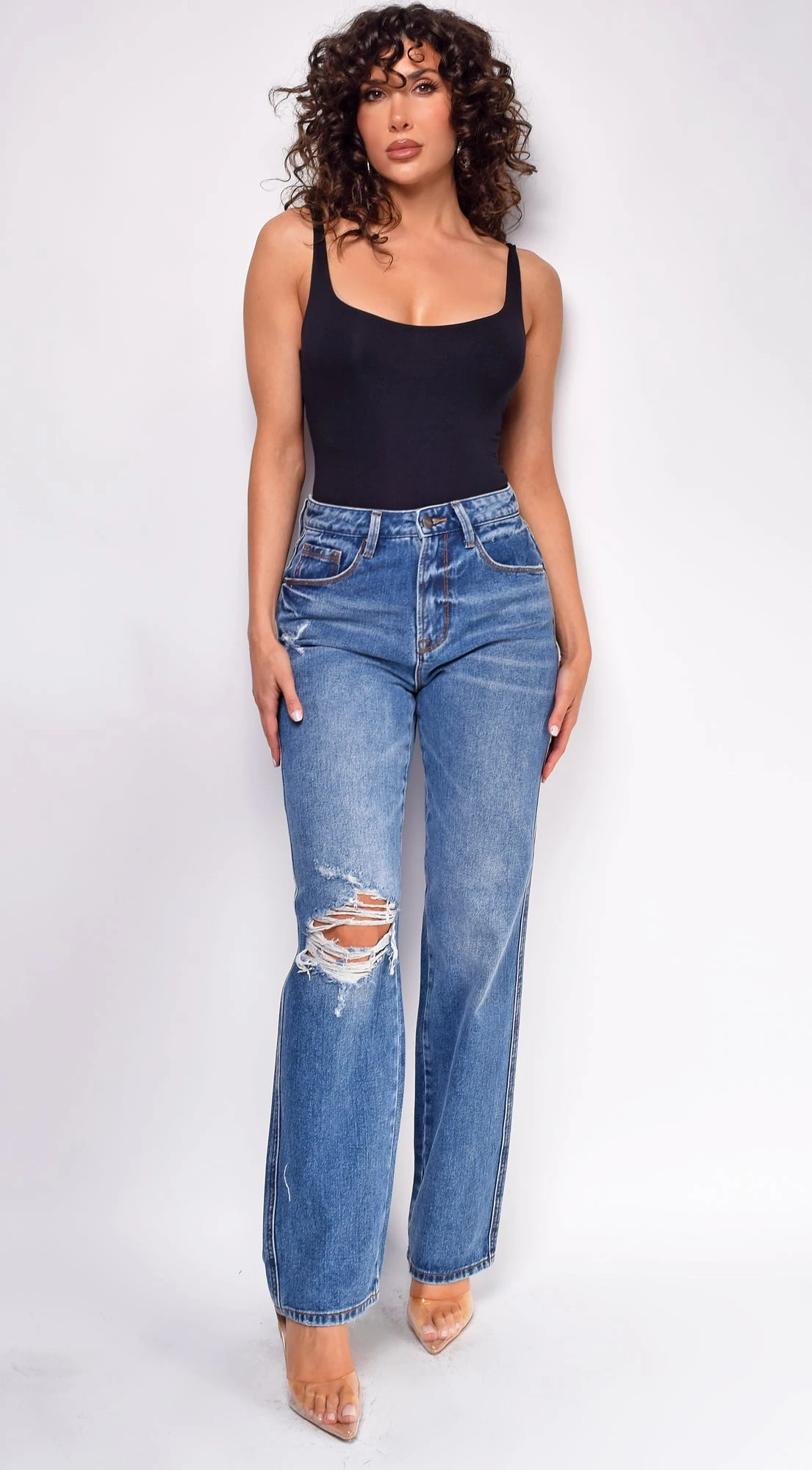 Nevis Mid Wash Blue Distressed Straight Leg Denim Jeans 2 Nevis Mid Wash Blue Distressed Straight Leg Denim Jeans - Image 2