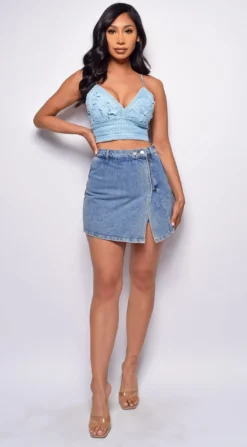 What It Takes Blue Crochet Lace Crop Top