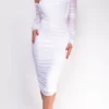 Annora White Mesh Long Sleeve Ruched Midi Dress