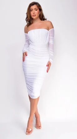 Annora White Mesh Long Sleeve Ruched Midi Dress