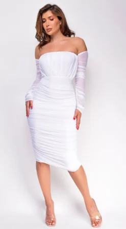 Annora White Mesh Long Sleeve Ruched Midi Dress -Deals Dress Store DSC 0933 4 copy