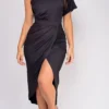 Pearl Black Venetian Ruched Midi Dress