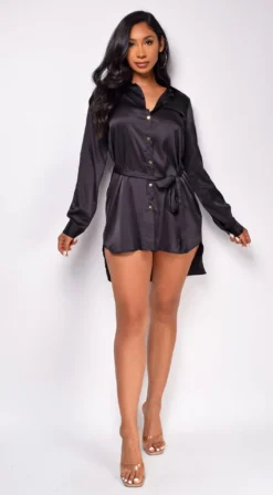 Drea Black Satin Shirt Dress
