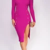 Sophina Magenta Purple Long Sleeve Ribbed Side Slit Midi Dress