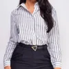 Lencia White Black Striped Button Down Top