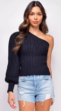 Emerson Black One Shoulder Sweater Top